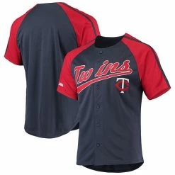 Men's Stitches Navy Minnesota Twins Button-Down Raglan Replica Jersey