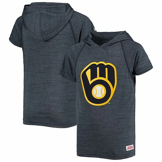 Youth Stitches Heathered Navy Milwaukee Brewers Raglan Short Sleeve Pullover Hoodie - Image 2