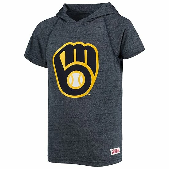 Youth Stitches Heathered Navy Milwaukee Brewers Raglan Short Sleeve Pullover Hoodie - Image 3