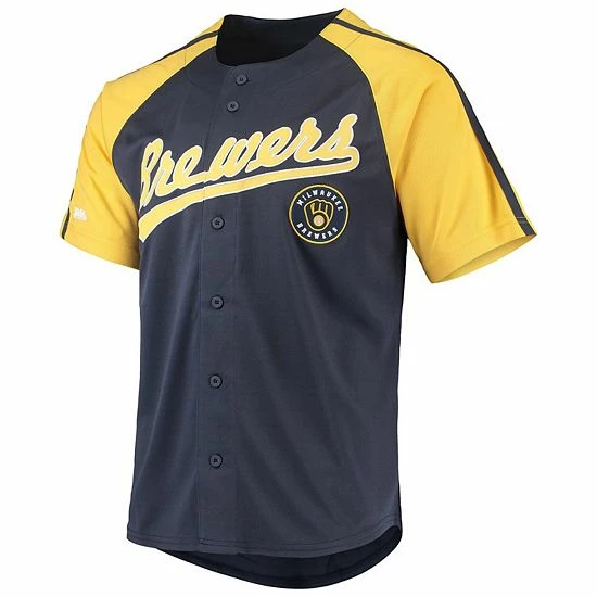 Men's Stitches Navy Milwaukee Brewers Button-Down Raglan Replica Jersey - Image 3