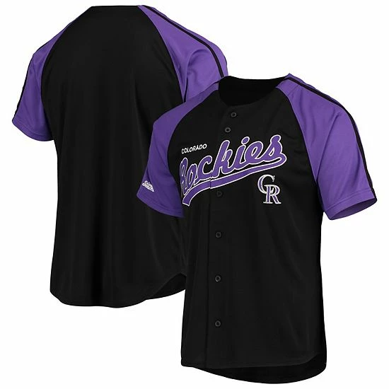 Men's Stitches Black Colorado Rockies Button-Down Raglan Replica Jersey - Image 2