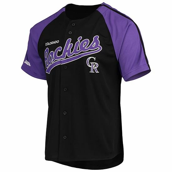 Men's Stitches Black Colorado Rockies Button-Down Raglan Replica Jersey - Image 3
