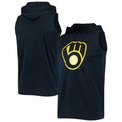 Men's Stitches Navy Milwaukee Brewers Sleeveless Pullover Hoodie