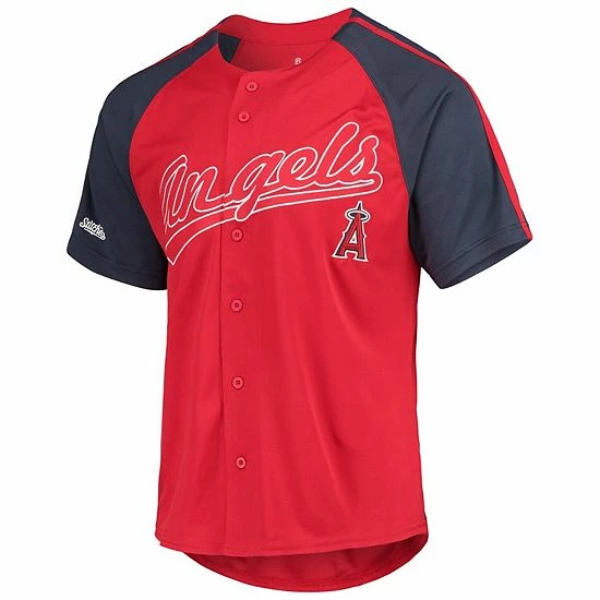 Men's Stitches Red Los Angeles Angels Button-Down Raglan Replica Jersey - Image 3