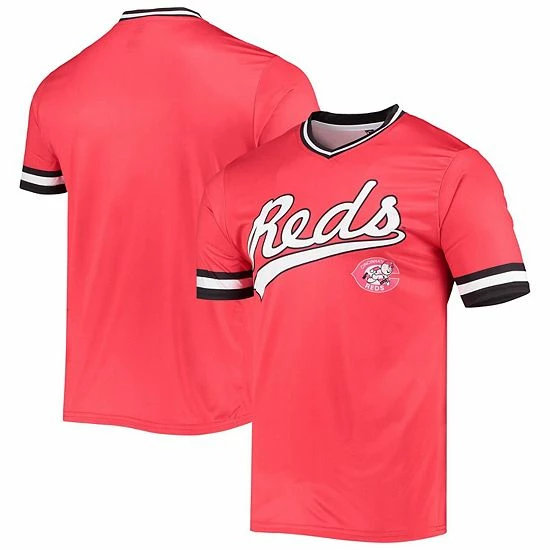 Men's Stitches Red/Black Cincinnati Reds Cooperstown Collection V-Neck Team Color Jersey - Image 2