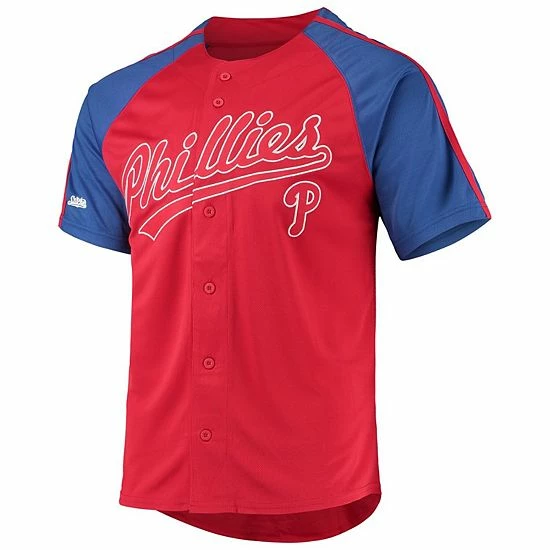 Men's Stitches Red Philadelphia Phillies Button-Down Raglan Replica Jersey - Image 3