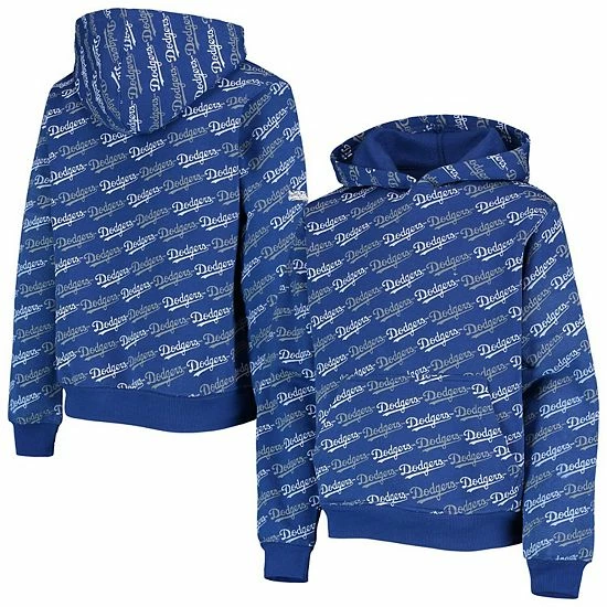 Youth Stitches Royal Los Angeles Dodgers Allover Print Raglan Pullover Hoodie